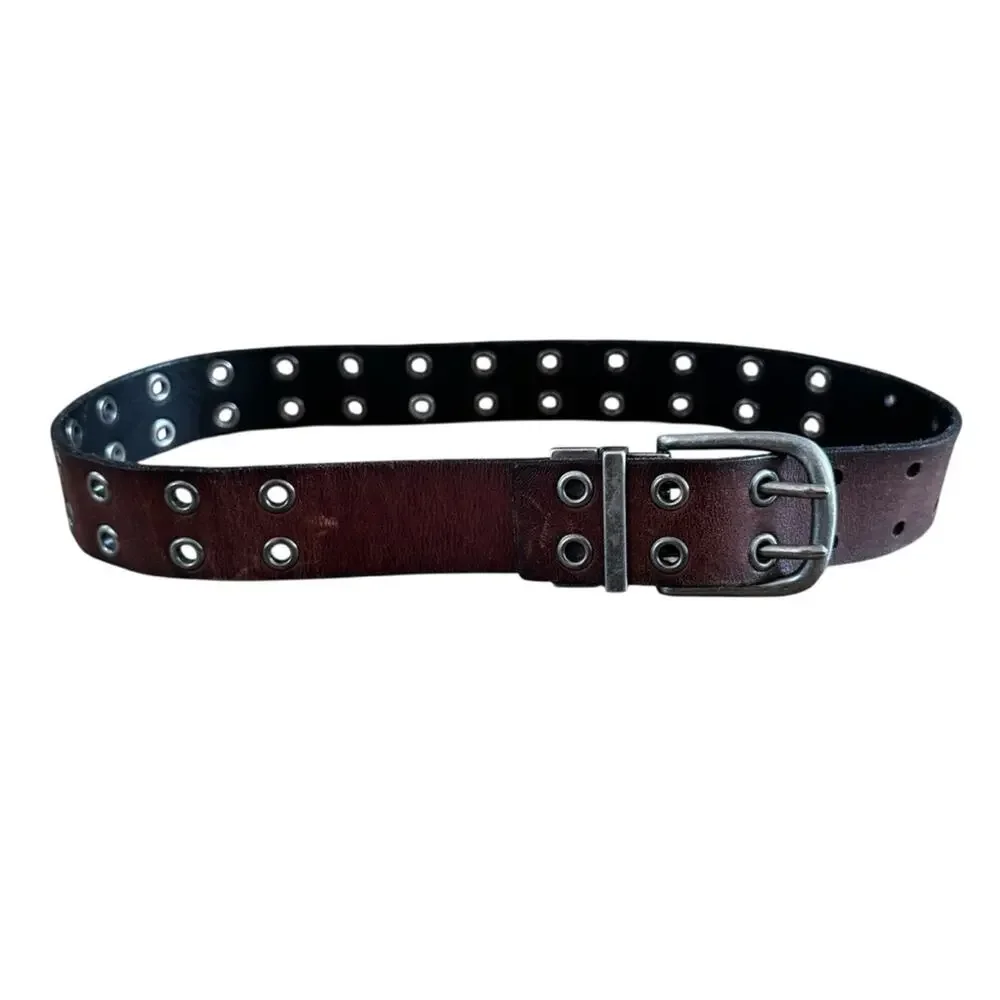 Kid’s Black/Brown Genuine Leather Reversible Belt Silver Buckle 2 Row Grommets